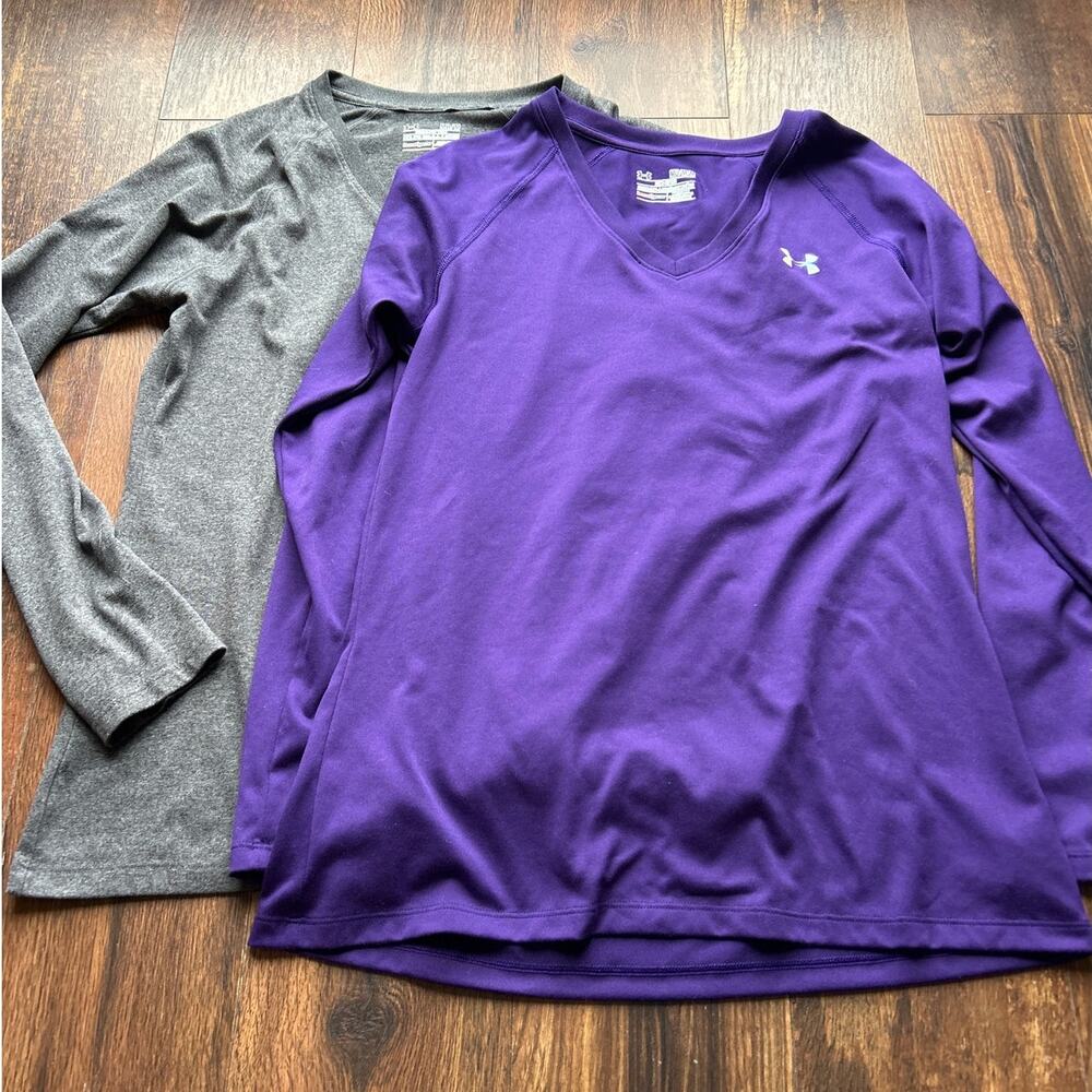 Under Armour Heat Gear Top Medium Gray Purple Semi Fitted Lot of 2 Long Sleeve
